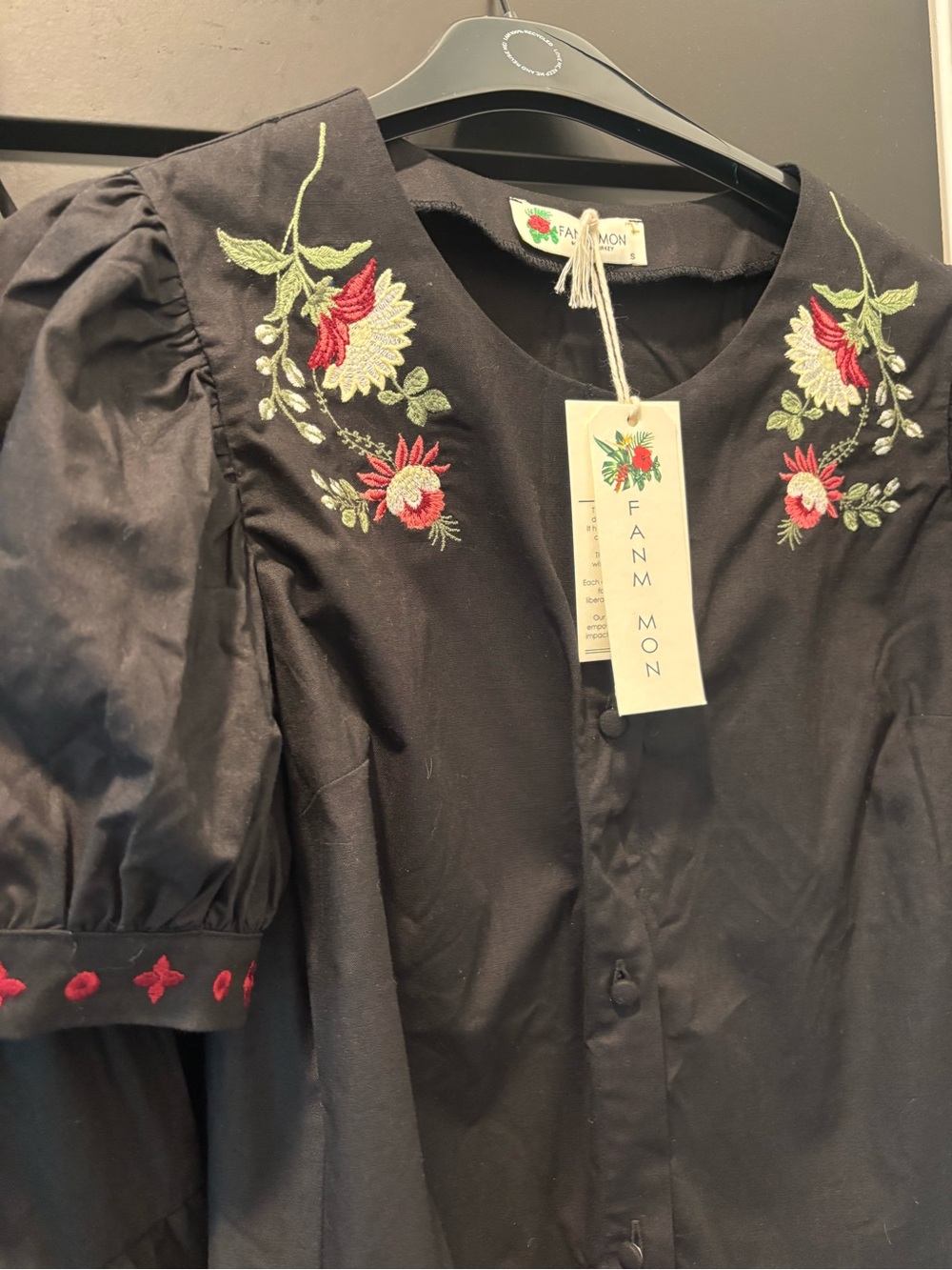 Fanm Mon Niger Set Midi Skirt & Blouse Embroidered Black Puff Sleeve Small NWT - Picture 6 of 14